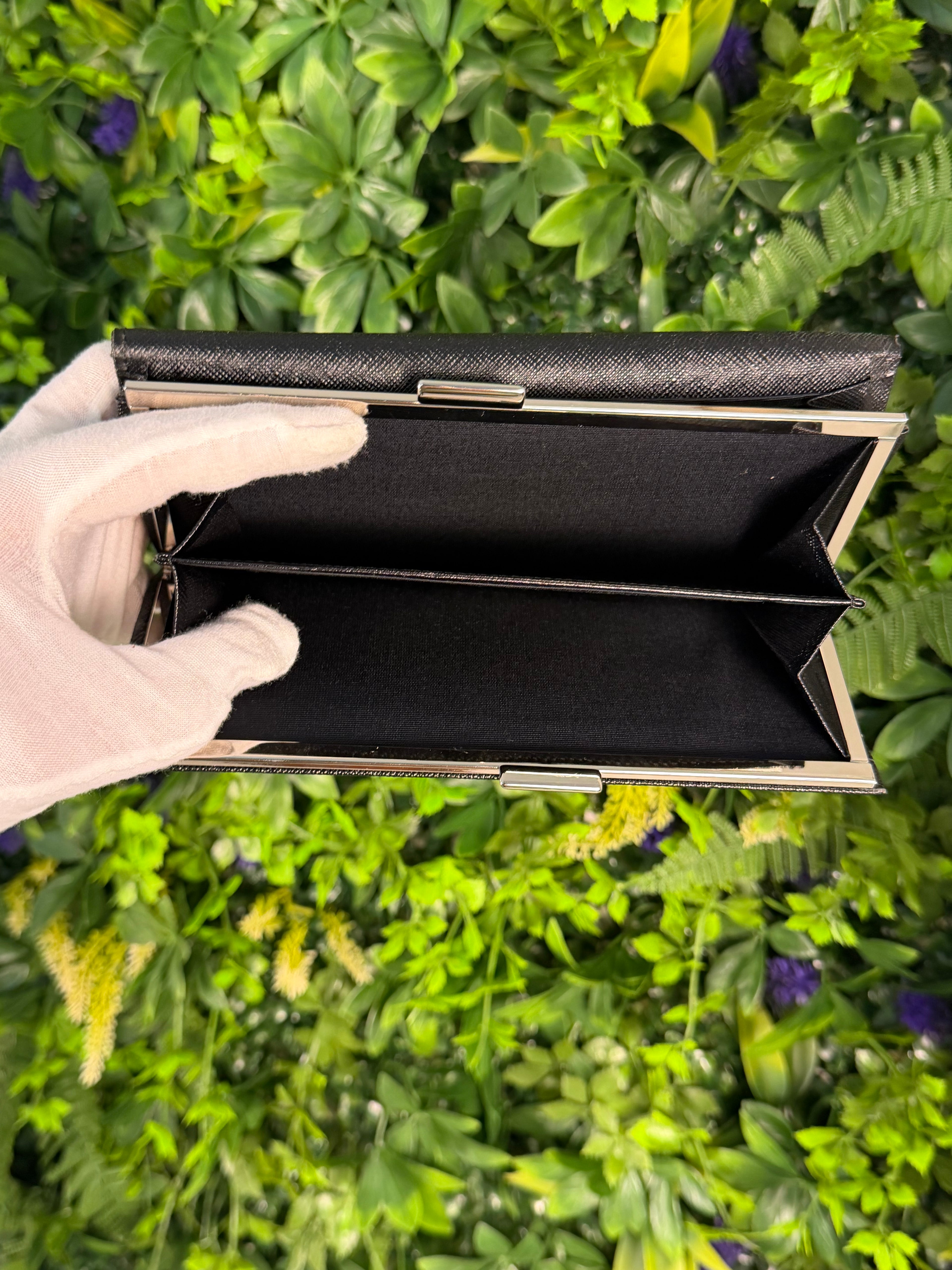 Burberry Pre-loved Nova Check Plaid and Black Leather Full Length Wallet with Internal Kisslock Compartment
