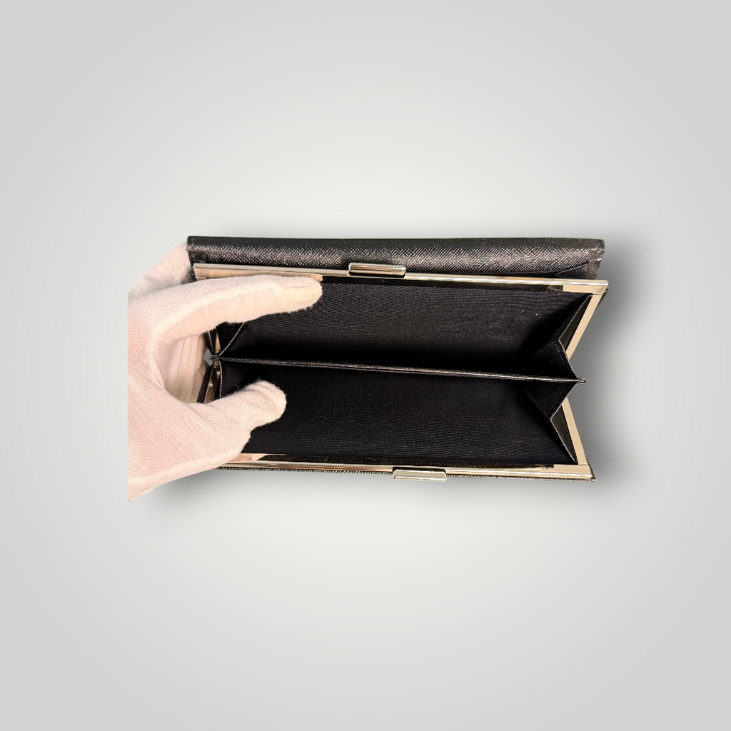 Burberry Pre-loved Nova Check Plaid and Black Leather Full Length Wallet with Internal Kisslock Compartment