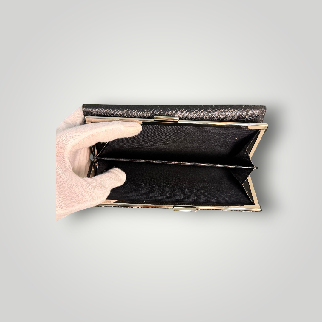 Burberry Pre-loved Nova Check Plaid and Black Leather Full Length Wallet with Internal Kisslock Compartment