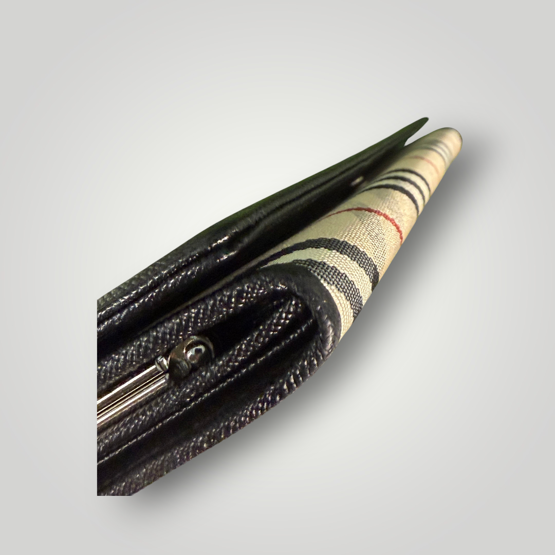 Burberry Pre-loved Nova Check Plaid and Black Leather Full Length Wallet with Internal Kisslock Compartment