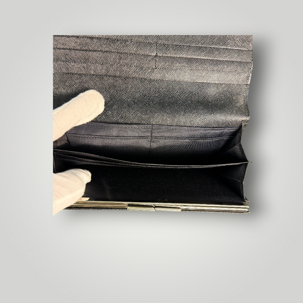 Burberry Pre-loved Nova Check Plaid and Black Leather Full Length Wallet with Internal Kisslock Compartment