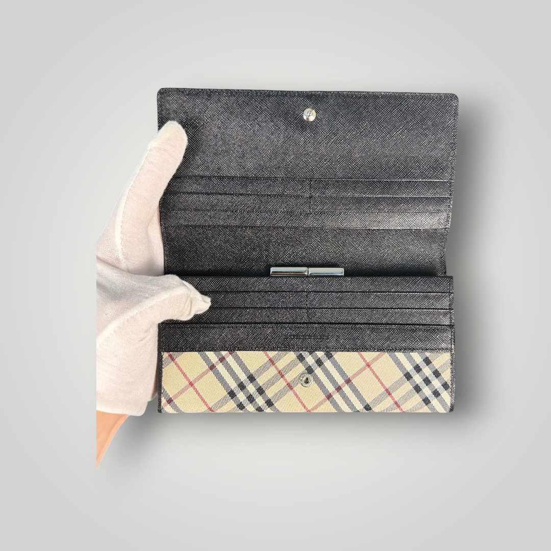 Burberry Pre-loved Nova Check Plaid and Black Leather Full Length Wallet with Internal Kisslock Compartment