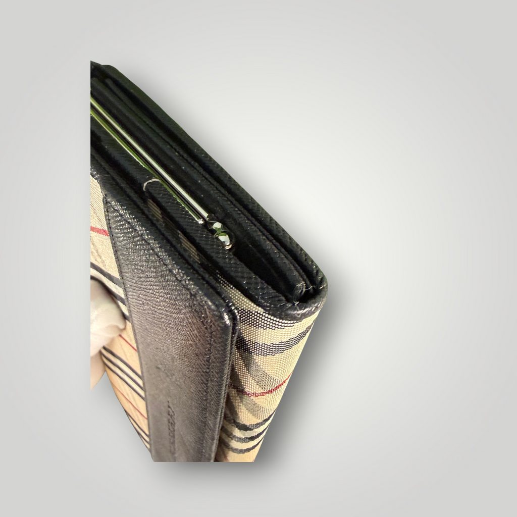 Burberry Pre-loved Nova Check Plaid and Black Leather Full Length Wallet with Internal Kisslock Compartment