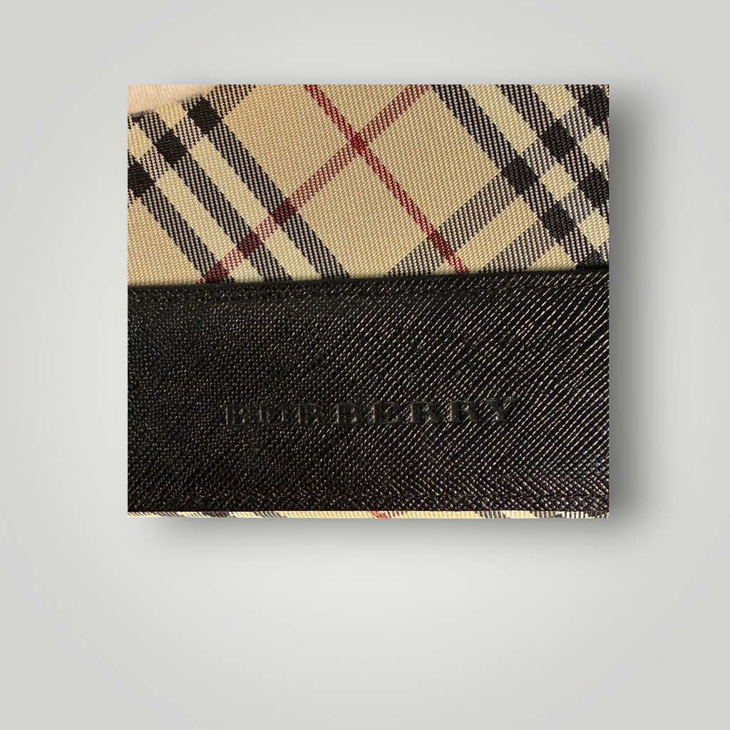 Burberry Pre-loved Nova Check Plaid and Black Leather Full Length Wallet with Internal Kisslock Compartment