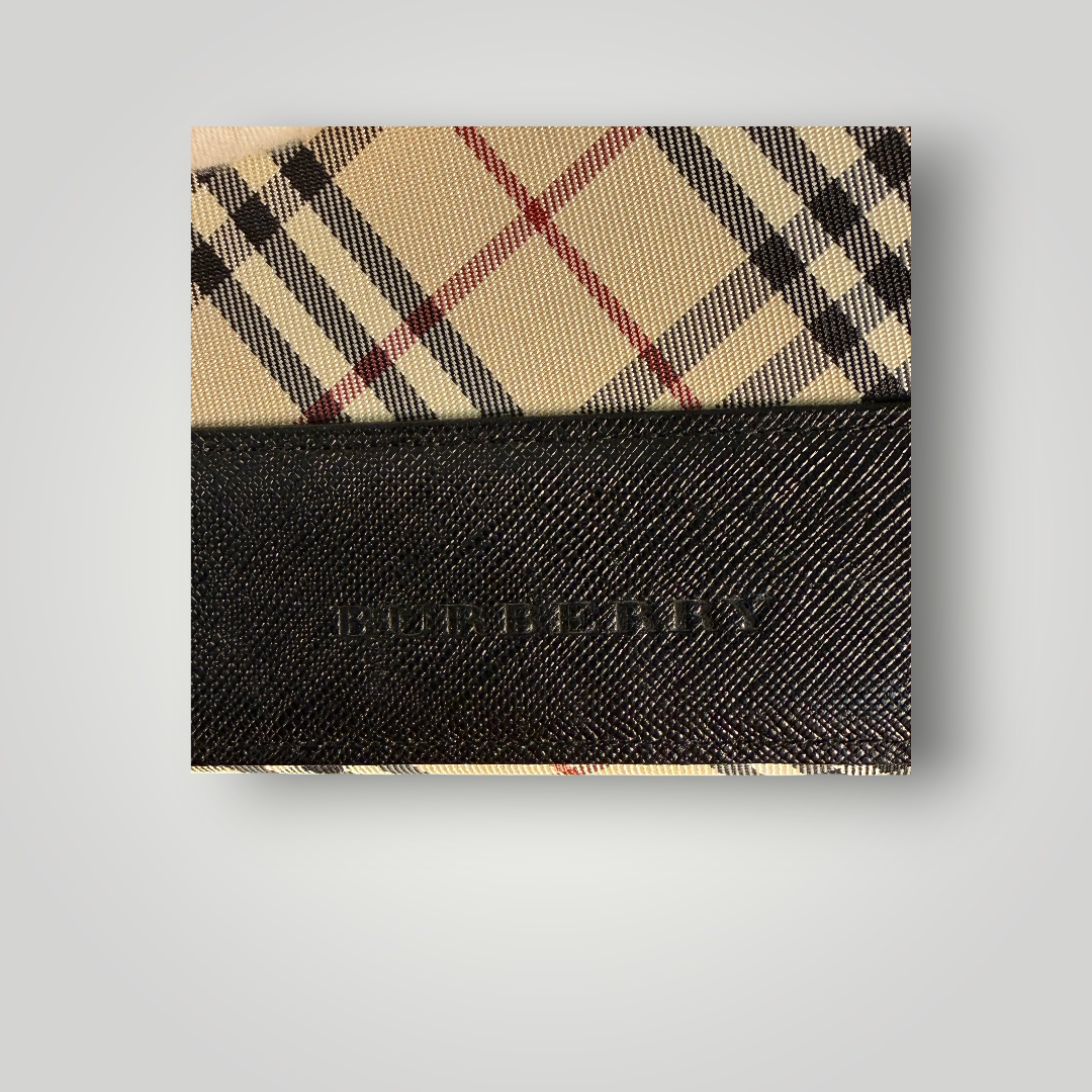 Burberry Pre-loved Nova Check Plaid and Black Leather Full Length Wallet with Internal Kisslock Compartment