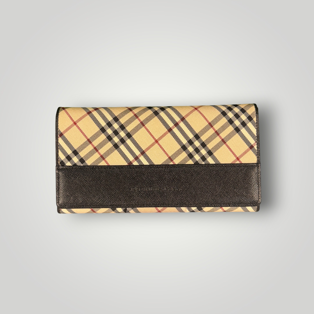 Burberry Pre-loved Nova Check Plaid and Black Leather Full Length Wallet with Internal Kisslock Compartment
