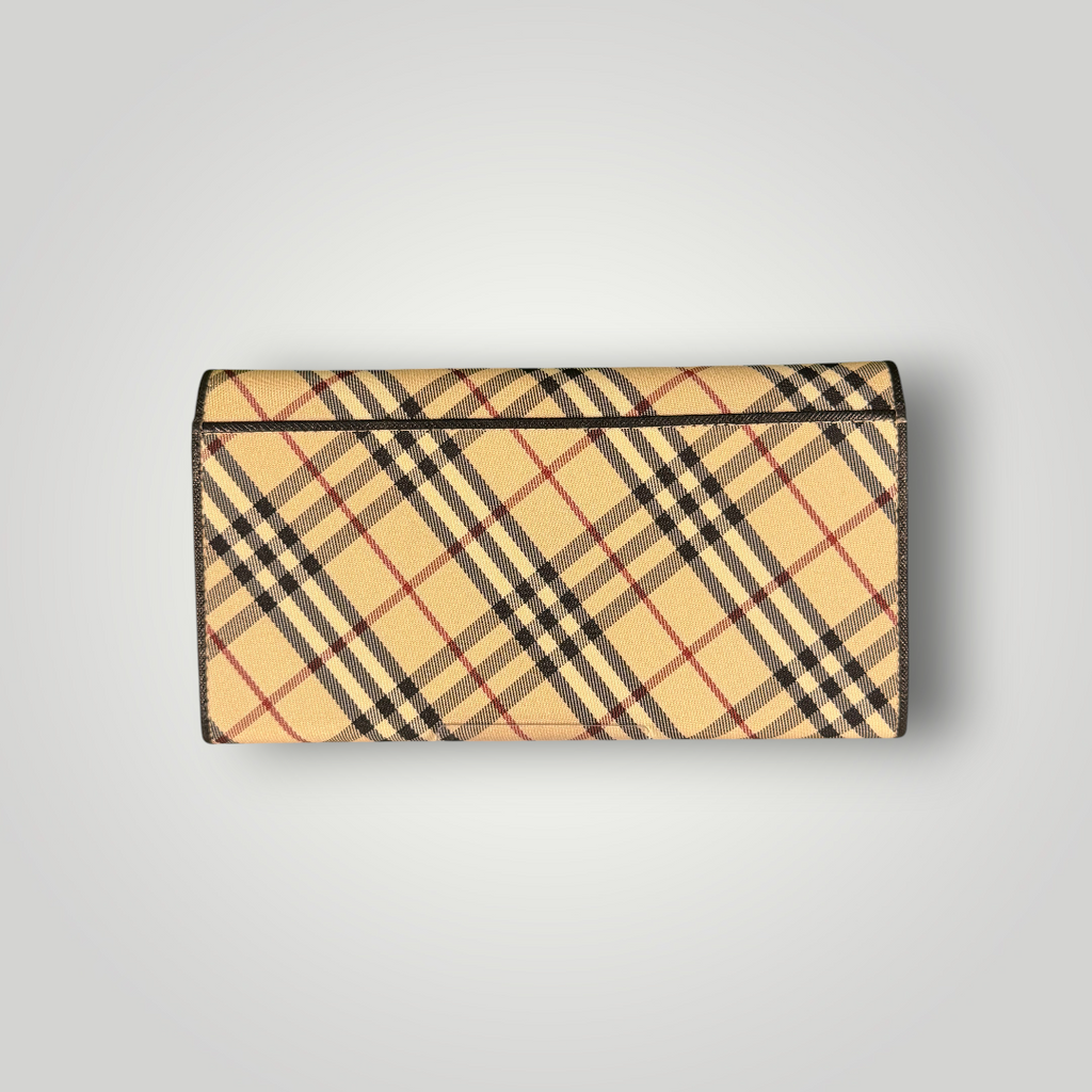 Burberry Pre-loved Nova Check Plaid and Black Leather Full Length Wallet with Internal Kisslock Compartment