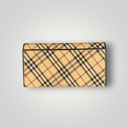Burberry Pre-loved Nova Check Plaid and Black Leather Full Length Wallet with Internal Kisslock Compartment