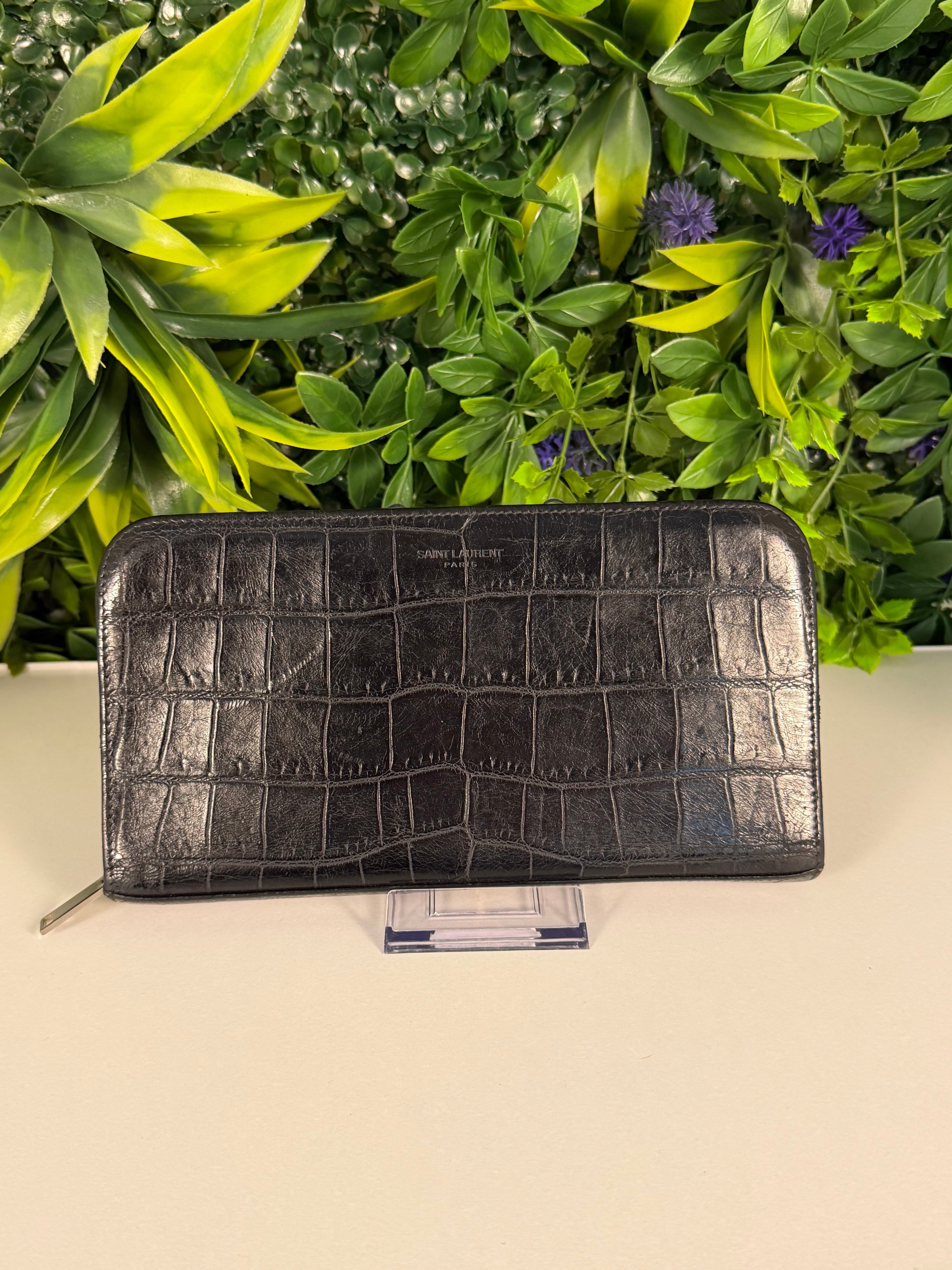 Saint Laurent Pre-Loved Crocodile Embossed Long Wallet Zip Around