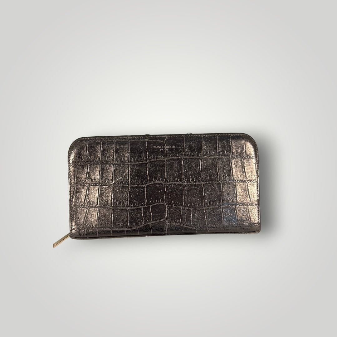 Saint Laurent Pre-Loved Crocodile Embossed Long Wallet Zip Around